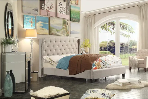Vista 13 de Rosevera Atherine - Marco de cama tapizado de tela con cabecera ajustable, estilo Chesterfield, cabeza enrollada, soporte de listones de madera