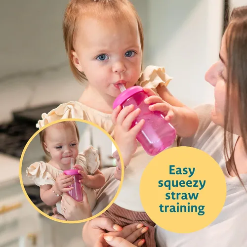 Vista 2 de The First Years Squeeze & Sip - Vasos con pajita para niños pequeños, taza de transición exprimible con popote de silicona, suministros de amarillo