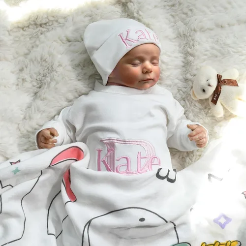 Vista 4 de Personalized Sleeper Baby Coming Home Outfit, Personalized Neutral Naby Romper and Hat Set Custom Infant Boy Coming Home Outfit Baby Shower Gift