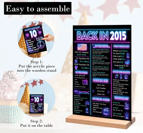 Vista 4 de Decoración de fiesta de cumpleaños número 10 para niño, póster de decoración de cumpleaños de neón en 2015, letrero de mesa acrílico, suministros