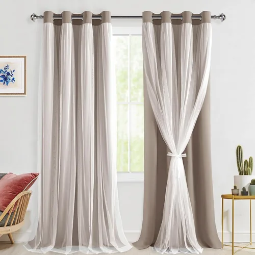 Vista 11 de Hiasan Cortinas opacas con superposición transparente, aislamiento térmico para mezclar y combinar de doble capa, cortinas de oscurecimiento de Beige