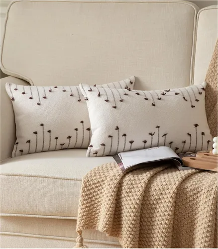 Vista 15 de Fundas de almohada boho de 12 x 20 pulgadas, juego de 2 almohadas decorativas para cama, fundas de almohada neutras color beige con línea negra
