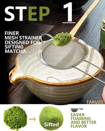 Vista 3 de Taruzil - Juego de batidor de matcha con cuenco matcha, batidor de bambú matcha, cuchara, tamiz, soporte para batidor de matcha, regalos únicos