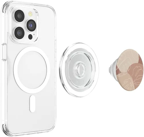 Vista 4 de PopSockets MagSafe PopGrip para iPhone con diseño de hojas de Monstera botánicas y tropicales, color beige moderno