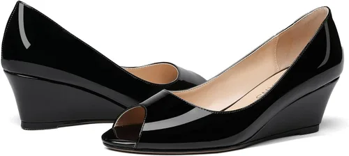 Vista 6 de WAYDERNS Zapatos de tacón bajo con cuña de charol y puntera abierta para mujer de 2 pulgadas