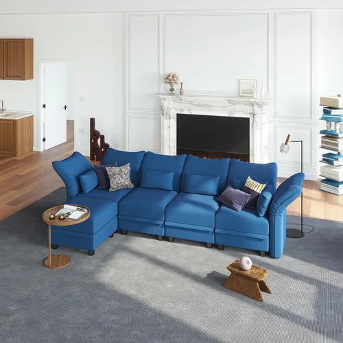 Vista 8 de LLappuil Sofá modular de terciopelo en forma de L con almacenamiento, sofá moderno de 5 plazas de 127.8 pulgadas con diván, sofás reclinables de Azul