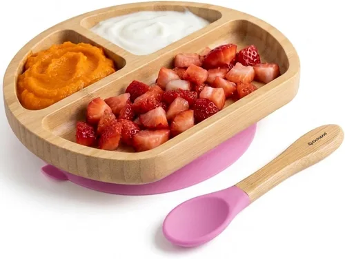 Vista 15 de Abiie Octopod Bamboo Dish & Spoon - Plato de succión para bebé - 4 meses y más - Azul 3-Compartment Round Kids Plate, High Chair Accessories