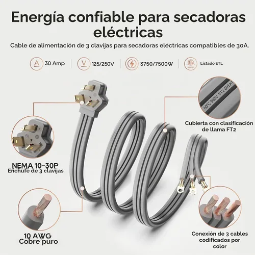Vista 2 de TOPDC - Cable de secado de 3 puntas, cobre puro 30A de 5 pies, NEMA 10-30P, certificación ETL