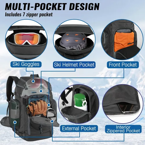 Vista 2 de Ski Boot Bag, 65L Durable Travel Backpack, 1680D Nylon Waterproof Snowboard Boot Bag, Skiing and Snowboarding Travel Luggage for Helmet, Goggles