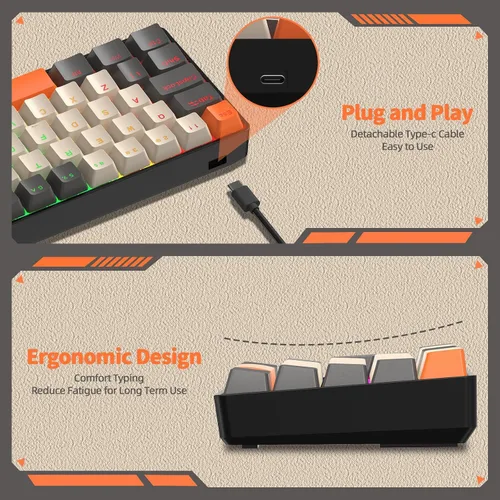 Vista 4 de ZIYOU LANG T60 Teclado mecánico para juegos con cable 60% TKL con retroiluminación LED arco iris, ultra compacto, interruptor táctil NKRO