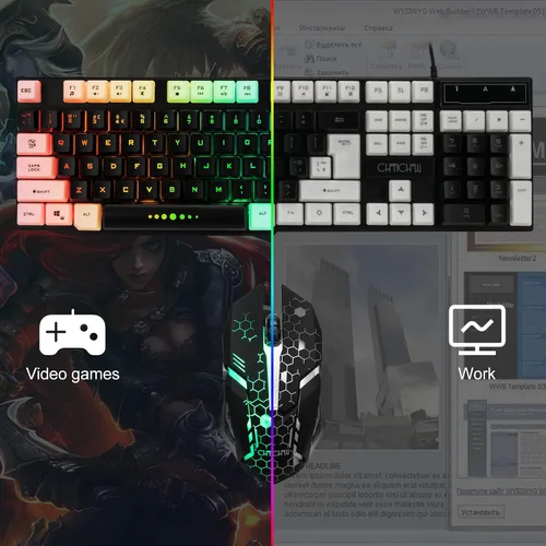 Vista 7 de CHONCHOW Combo de teclado y mouse para juegos, cable USB de 104 teclas de tamaño completo, micrófono de teclado iluminado de 3600 DPI, sensación