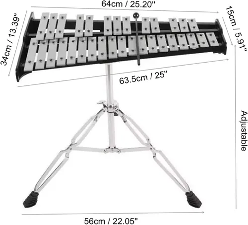 Vista 2 de Kit de percusión de xilófono Glockenspiel de 32 notas con soporte ajustable en altura, baquetas y estuche de transporte