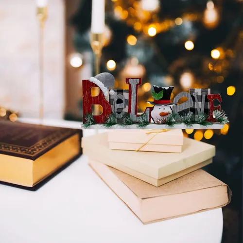 Vista 7 de Letras rústicas de madera con recortes de mesa, decoración de muñeco de nieve, decoración de Navidad, letreros de bloque de palabras de madera