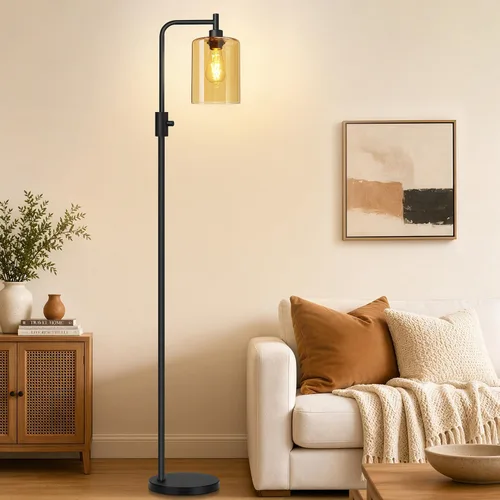 Vista 18 de 【Actualizada】Lámpara de pie regulable para sala de estar con pantalla de vidrio, lámpara de pie industrial moderna negra con bombilla LED de 900LM