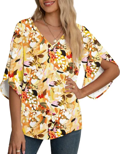 Vista 15 de Blusas de gasa con mangas 3/4 arrugadas de otoño para mujer de Jouica 01amy Verde