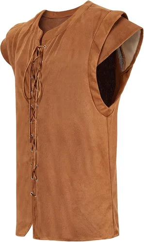 Vista 2 de Arplvf Chaleco de pirata, disfraz renacentista para hombre, chaleco medieval de pirata, chaleco tipo túnica vikinga