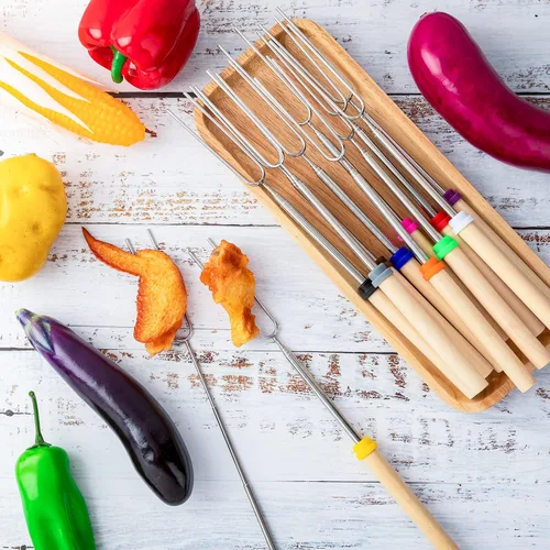 Vista 6 de Eccliy 36 palitos para asar fogatas para fuego de 32 pulgadas de largo, extensibles, con mango de madera, bolsa de almacenamiento para cocinar