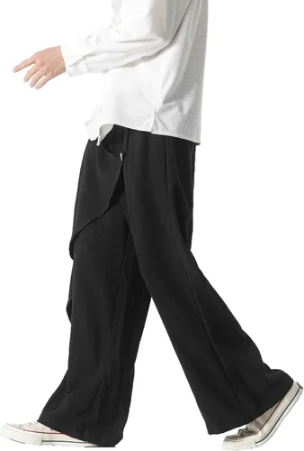 Vista 4 de PRIJOUHE Pantalones casuales de lino para hombre, pantalones holgados ligeros y elásticos con cordón en la cintura