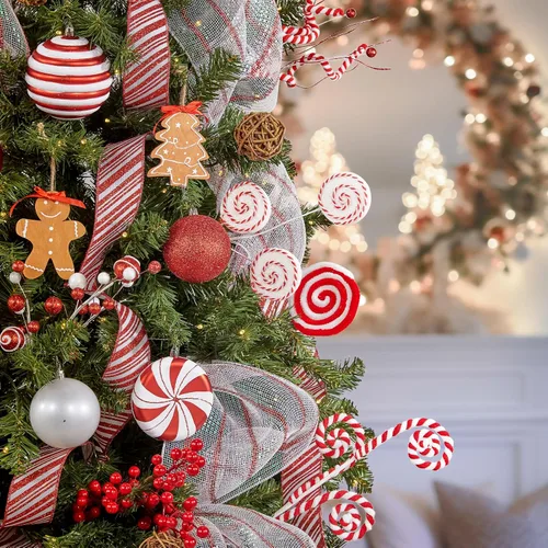 Vista 6 de WBHome Árbol de Navidad artificial preiluminado de 7 pies con 400 luces LED enchufables y paquete de adornos, decoraciones de Navidad con temas