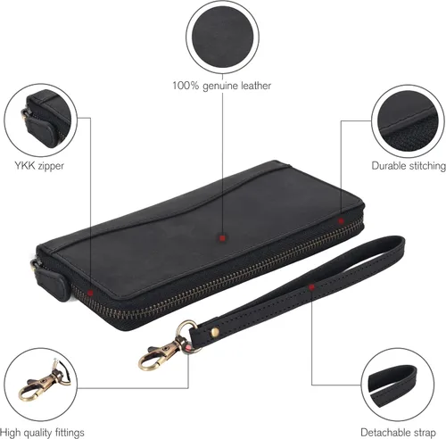 Vista 3 de Oak Leathers Cartera de cuero para mujer – Cartera Clutch RFID para mujer con 8 portadores de tarjetas de crédito, bolsillo para monedas, regalo
