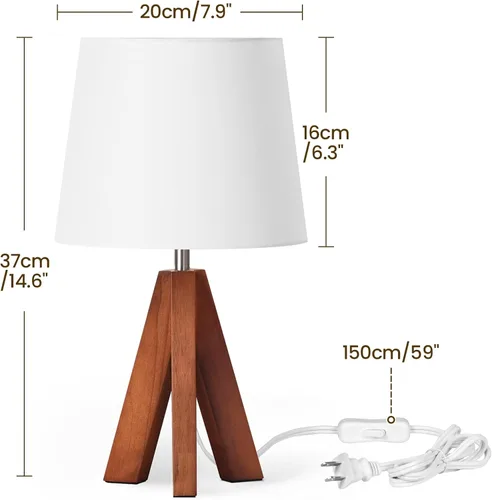 Vista 5 de Juego de 2 lámparas de mesa trípode pequeñas, lámpara moderna de mesita de noche con pantalla de tela, luz de escritorio de madera estilo bohemio