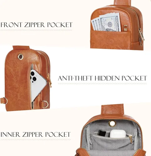Vista 4 de MoKo Bolso bandolera de cuero vegano, pequeño, informal, desmontable, para mujeres y hombres, senderismo, viajes
