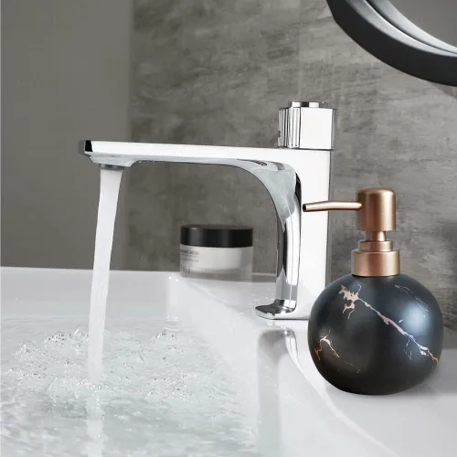 Vista 2 de Dispensador de jabón dorado para baño o cocina, botella redonda de loción de cerámica con diseño de mármol, bomba libre de óxido (negro)