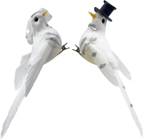 Vista 7 de 2 piezas de palomas artificiales blancas con clip, adornos de pájaros de amor para boda, plumas de espuma para decoración y manualidades
