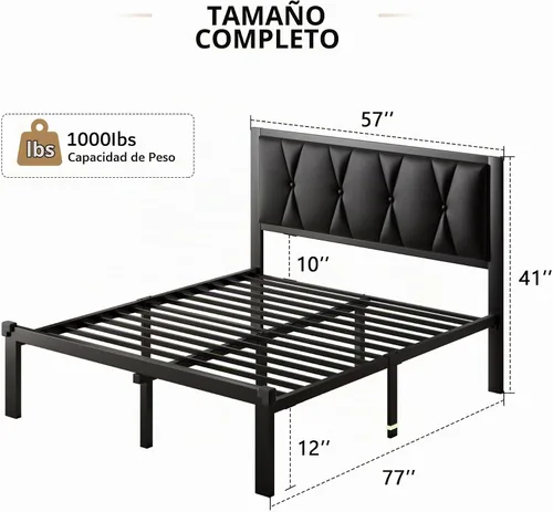 Vista 2 de iPormis Marco de cama tamaño matrimonial de metal, cama con cabecera tapizada con botones de piel sintética, soporte de listones resistentes, 30 cm