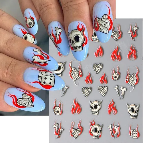 Vista 12 de 6 hojas de calcomanías de arte de uñas de Halloween, 5D estéreo, autoadhesivas, diseño de ojos holográficos, fantasma, llama, calabaza, día