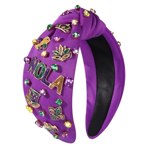 Vista 18 de Diadema de Mardi Gras para mujer, diadema de corona de flor de lis, diadema morada con diamantes de imitación y nudo superior, accesorios