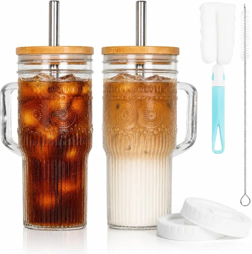Vista 7 de JunVpic Tazas de vidrio con tapas y popotes, ámbar 20 OZ. Vasos para agua helada, zumo, té, leche, batido y bebidas frías o calientes, juego de 2