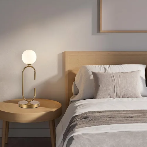 Vista 3 de Lámpara de mesa en forma de C de mediados de siglo, globo dorado, con 2 luces, regulable, con cristal blanco leche, lámpara de mesita de noche