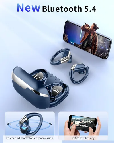 Vista 2 de Auriculares inalámbricos 2026, Bluetooth 5.4 deportivos, sonido de graves profundos de 50 horas con 4 micrófonos ENC con cancelación de ruido, Azul