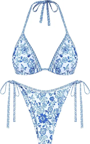 Vista 35 de ZAFUL Bikinis triangulares estampados para mujer, 2 piezas, bikini halter, traje de baño de corte alto, traje de baño con lazo lateral 0-negro a