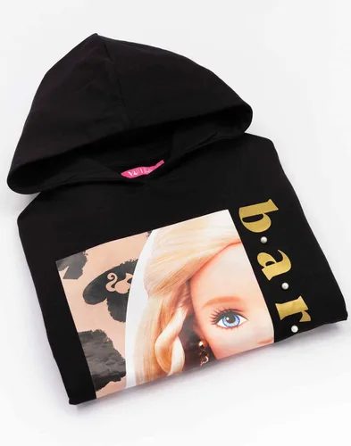 Vista 3 de Barbie Vestido con capucha para niñas, niños, muñeca con estampado de leopardo, suéter negro