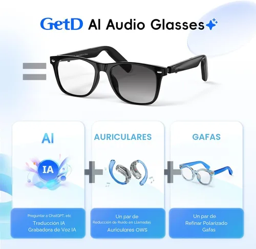 Vista 6 de GetD Gafas AI, gafas inteligentes impulsadas por ChatGPT, traducción de IA Lente fotocromática negra + gris