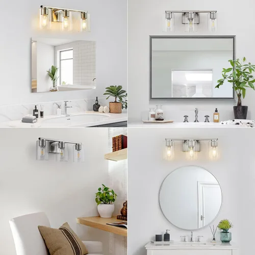 Vista 7 de WILON Lámpara de tocador de baño, 3 luces de tocador modernas de color negro claro con apliques de pared de vidrio transparente con vidrio