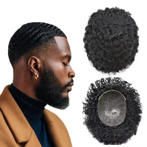 Vista 16 de Afro Toupee para hombres negros, rizado afro ondulado, postizo masculino, piel fina, PU negro, para hombre, tupé, reemplazo de cabello humano
