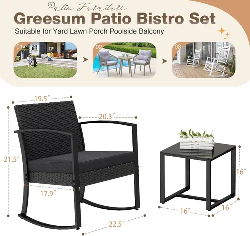 Vista 7 de Greesum Juego de muebles de exterior de 3 piezas para patio, bistró, mecedoras con mesa de centro de cristal para piscina, playa, patio, balcón