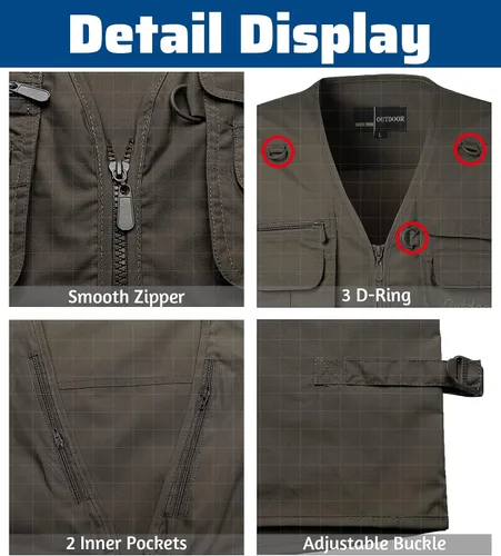 Vista 5 de Chaleco de pesca para hombre, de secado rápido, con bolsillos, transpirable, para fotografía, para exteriores, sin mangas