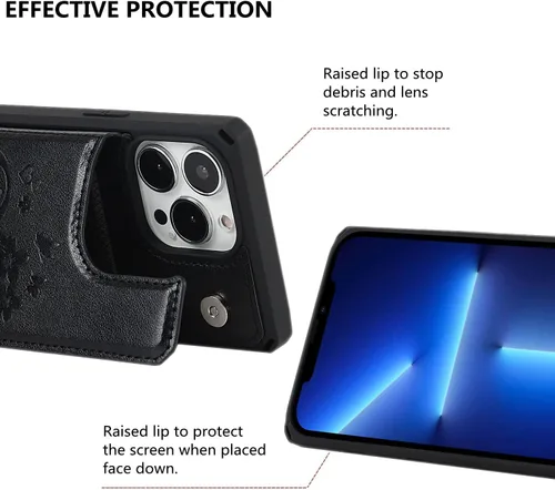 Vista 4 de iCoverCase Funda de billetera compatible con iPhone 13 Pro Max con tarjetero para mujer, cuero PU en relieve con bloqueo RFID y correa de muñeca