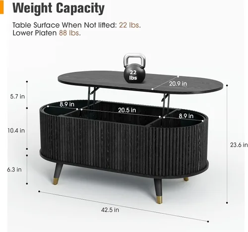 Vista 2 de Mesa auxiliar ovalada con almacenamiento, mesa de centro acanalada de 42.5 pulgadas con parte superior de elevación y patas de madera maciza, mesa