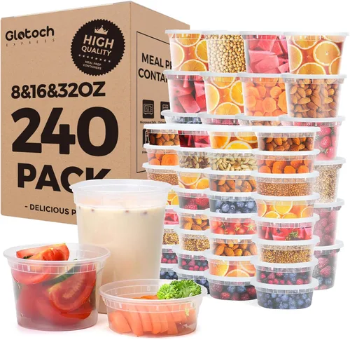Vista 10 de Glotoch - Juego de 48 recipientes de plástico para almacenamiento de alimentos y bebidas de 8 onzas, 16 onzas y 32 onzas con tapas, aptos