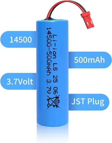Vista 2 de Batería recargable 14500 de 3.7 voltios, 14500 baterías de litio de 500 mAh, conector JST de 2 pines con cable de carga (JST-2 Pin, 14500-500mAh)
