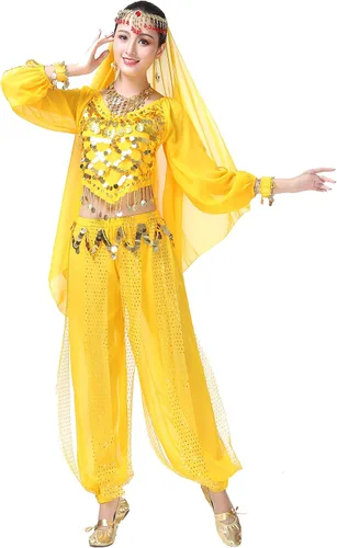 Vista 6 de Lauthen.S Conjunto de disfraz de Halloween para mujer con monedas, pantalones y velo facial
