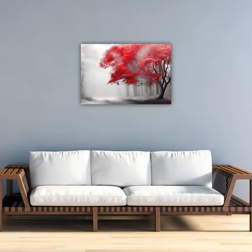 Vista 4 de ZHOUWALLPIC Lienzo de árbol rojo para pared, diseño de bosque rojo y negro, impresiones de imágenes de paisajes de niebla grande, decoración