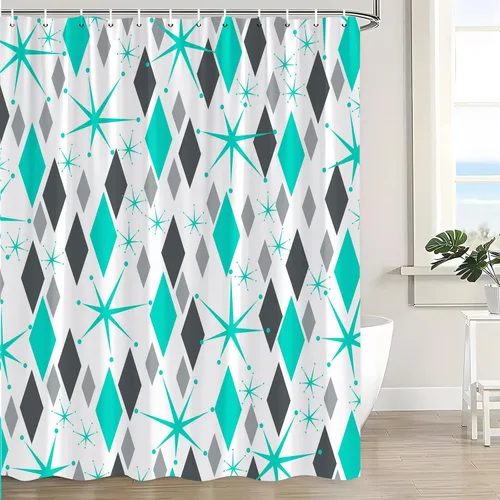 Vista 2 de Mid Century Shower Curtain Modern Blue Grey Abstract Geometric Atomic Vintage 1950s 60s Minimalist Retro Boho Fabric Curtain with Hook