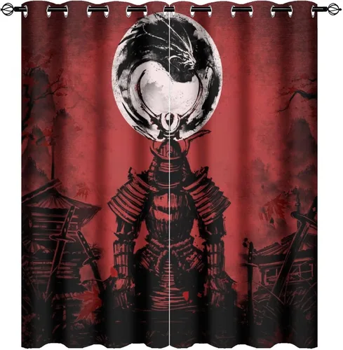 Vista 31 de Cortinas opacas abstractas japonesas samuráis para dormitorio, caballo samurái rústico, rojo, ojal, aislamiento térmico, cortinas de oscurecimiento
