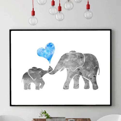 Vista 5 de ZLKAPT Pintura de acuarela gris para bebé, niño, elefante con mamá, arte de pared, diseño de corazón de amor azul, linda imagen para decoración